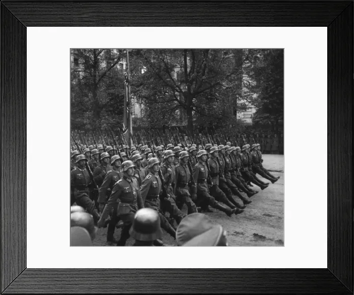Framed Print : Goose-stepping German troops in a Victory parade through Warsaw, Poland. Sept. 1939. World War 2. (BSLOC_2014_10_285)