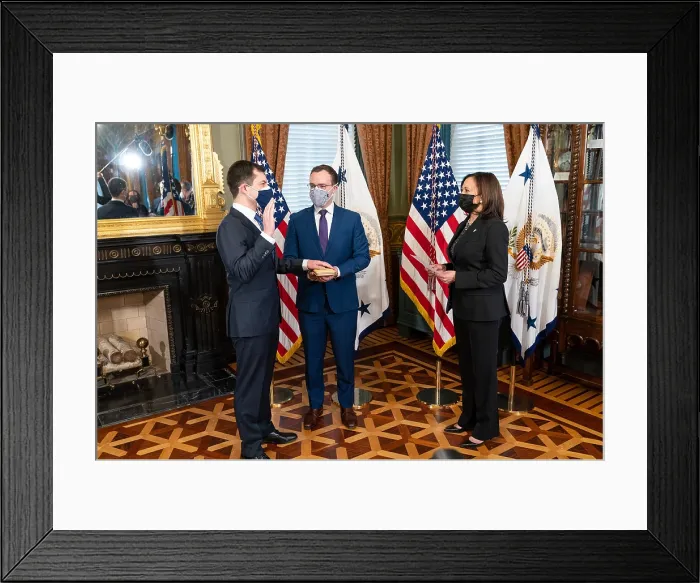 Framed Print : Vice President Kamala Harris swears in Pete Buttigieg as Secretary of Transportation, Feb. 3, 2021