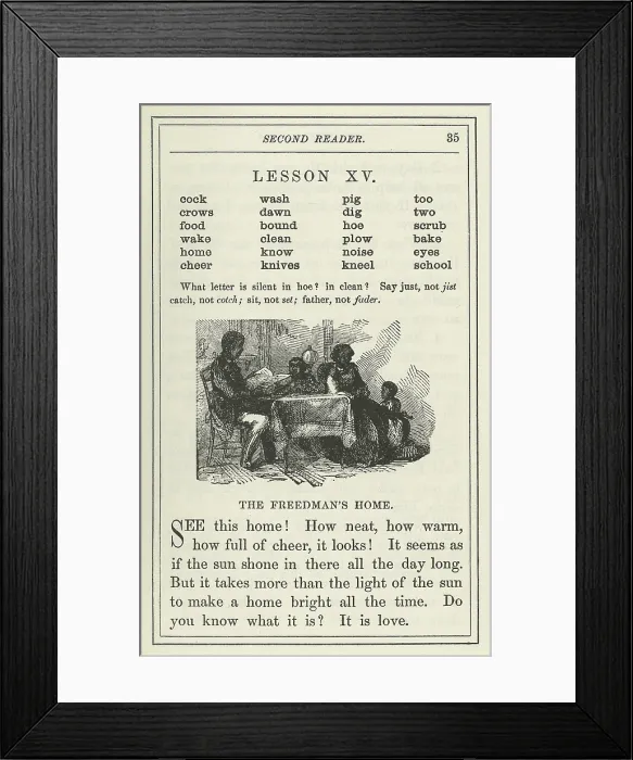 Framed Print : The Freedmans Second Reader. The 1864 book provided simple lessons illustrated with pictures of African Americans (BSLOC_2019_5_142)