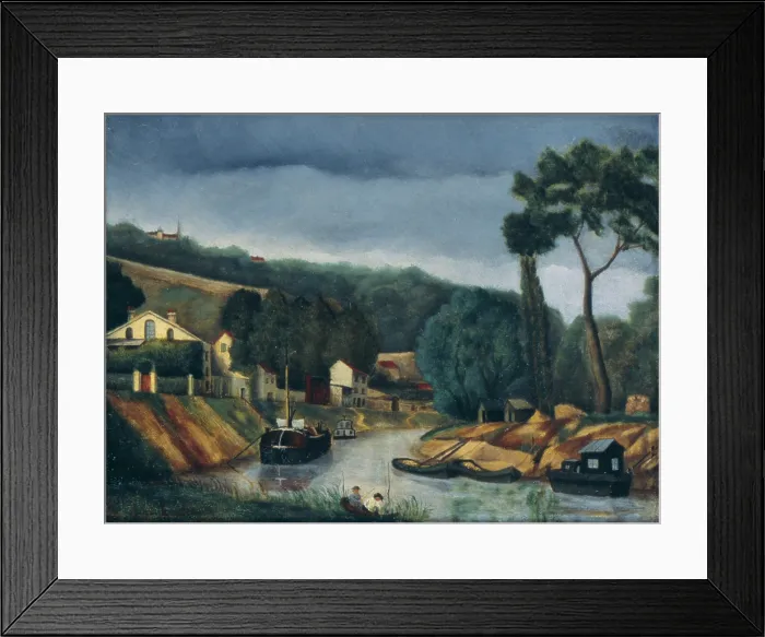 Framed Print : Bank of a river, by Henri Rousseau also known as Doganiere, 1886, 19th Century, oil on canvas, 26 x 34, 5 cm - Germany, Bnnigheim, Charlotte Zander Museum. Whole artwork view Framed Print : Bank of a river, by Henri Rousseau also known as Doganiere, 1886, 19th Century, oil on canvas, 26 x 34, 5 cm - Germany, Bnnigheim, Charlotte Zander Museum. Whole artwork view