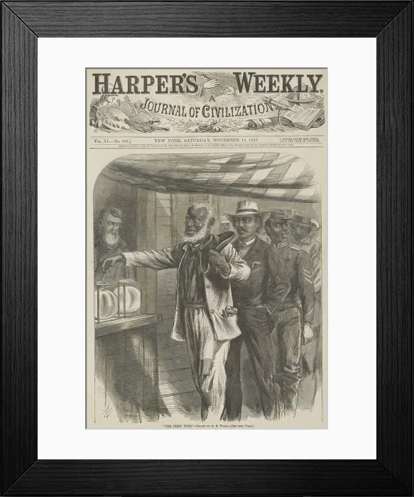 Framed Print : THE FIRST VOTE, by A.R. Waud, 1867, wood engraving published in Harpers Weekly. An elderly African American is at the head of a line of voters waiting to cast their ballots Framed Print : THE FIRST VOTE, by A.R. Waud, 1867, wood engraving published in Harpers Weekly. An elderly African American is at the head of a line of voters waiting to cast their ballots