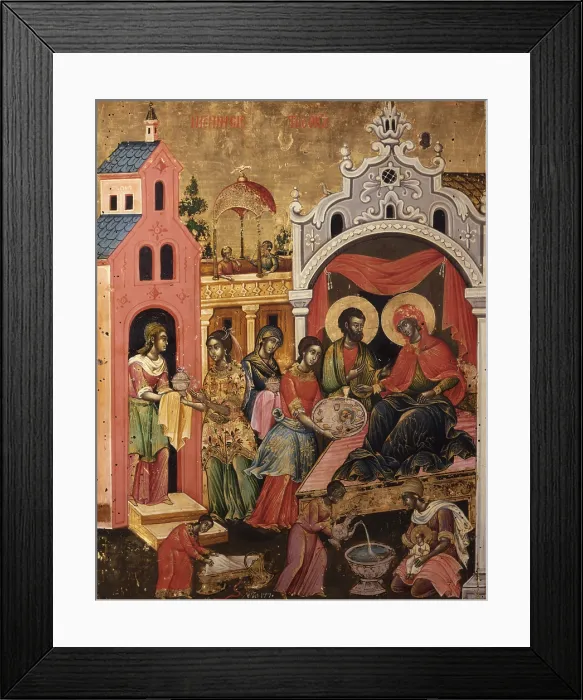 Framed Print : Nativity of the Virgin, by Athanas and Kostantin Zografi, tempera su legno - Albania, Kora, National Museum of Medioeval Art. Whole artwork view