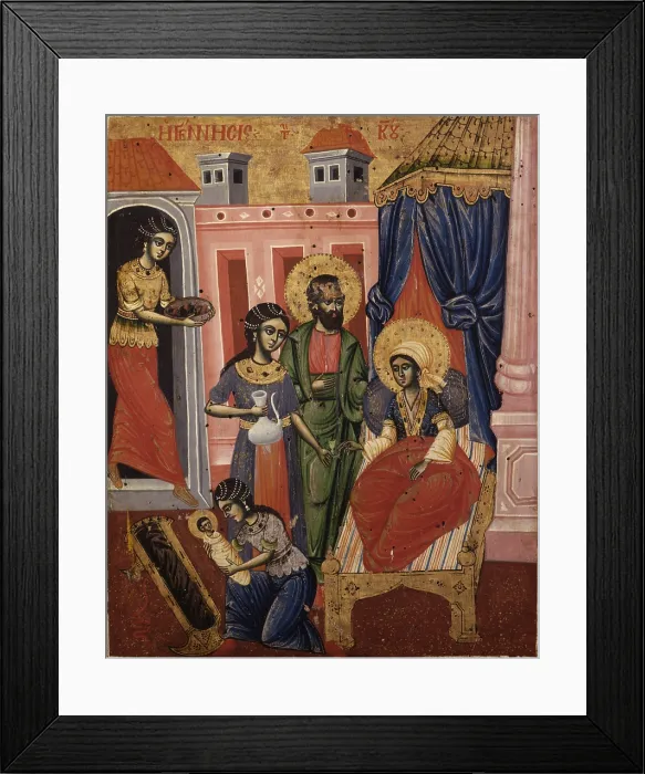 Framed Print : Nativity of the Virgin, attributed to Terpo and Eftim, tempera on wood - Albania, Berat, Museo Onufri. Whole artwork view Framed Print : Nativity of the Virgin, attributed to Terpo and Eftim, tempera on wood - Albania, Berat, Museo Onufri. Whole artwork view