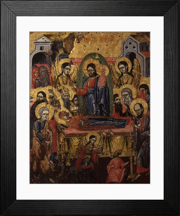 Framed Print : Dormitio Virginis, by Unknown Artist, tempera on wood - Albania. Whole artwork view Framed Print : Dormitio Virginis, by Unknown Artist, tempera on wood - Albania. Whole artwork view