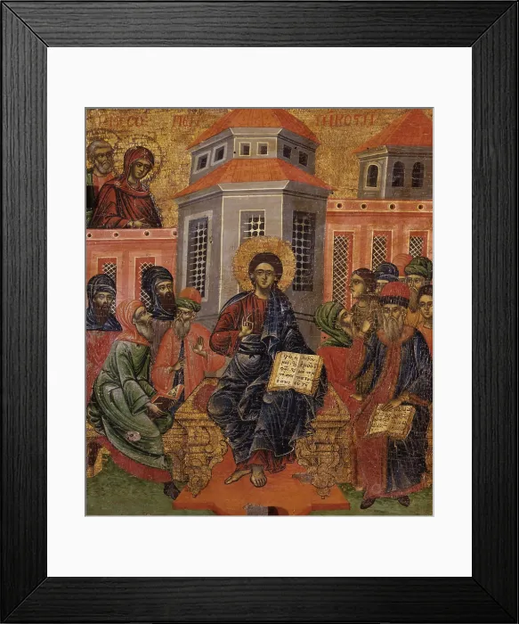 Framed Print : Jesus among the Doctors, by Unknown Artist, tempera on wood - Albania. Whole artwork view. Icon fromthe church of St. Nicholas in Peroni
