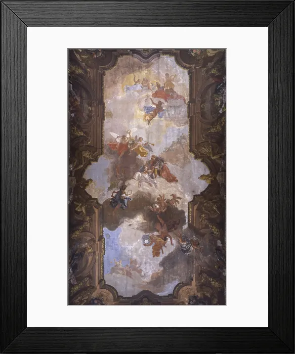 Framed Print : Wedding Allegory, by Francesco Fontebasso, 18th Century, fresco - Italy, Veneto, Venice, Contarini del Bovolo Palace. Whole artwork view. Quadrature with celestial marriage
