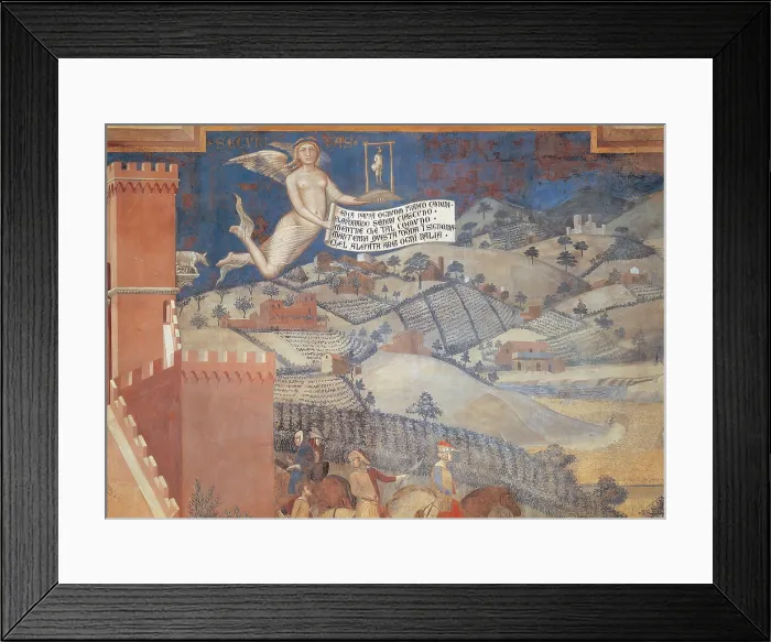 Framed Print : Lorenzetti Ambrogio, The Effects of Good Government in the Country, 1338 - 1340, 14th Century, fresco, Italy, Tuscany, Siena, Palazzo Pubblico