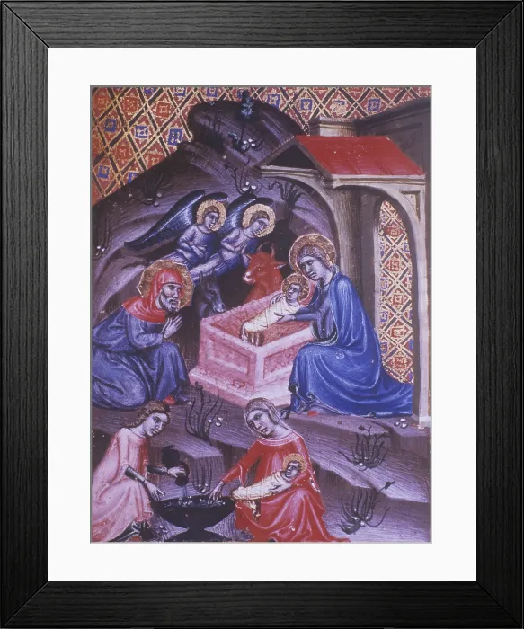 Framed Print : Adoration of the Magi in the Book of Hours of Mary from Navarra, attributed to Ferrer Bassa, 1340, 14th Century, miniature - Italy, Veneto, Venice, Marciana Library. Detail
