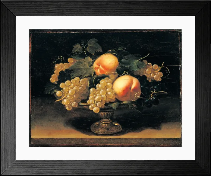 Framed Print : Nuvolone Panfilo, Still Life with Peaches, White Grapes, Black Grapes, Vine Leaves and Metal Cup, 1620, 17th Century, oil on panel, Italy, Lombardy, formerly in Milan