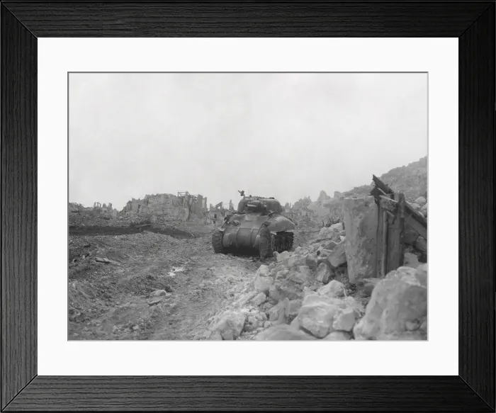 Framed Print : Knocked out Sherman tank in the shattered remains of Cassino a month after the historic bombing Framed Print : Knocked out Sherman tank in the shattered remains of Cassino a month after the historic bombing