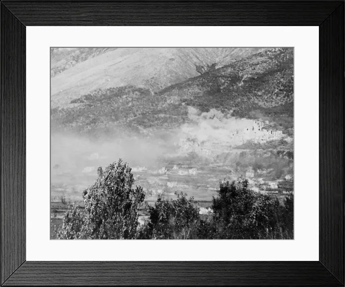 Framed Print : Thick clouds of smoke rising over the town of San Pietro on the German Reinhard Line. After intensive fighting from Dec. 8-17, the town fell to US Army. World War 2
