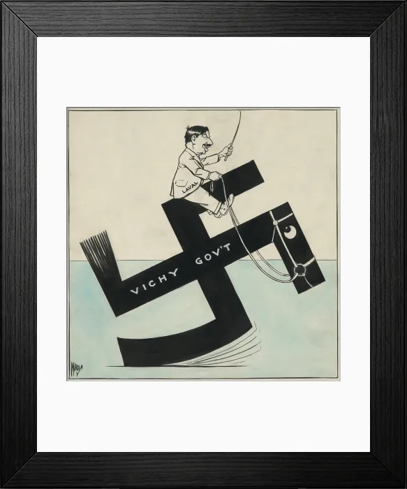 Framed Print : Cartoon of French leader Pierre Laval riding a swastika labeled Vichy Gov't. After the surrendered of France in June 1940, Laval, a former Prime Minister