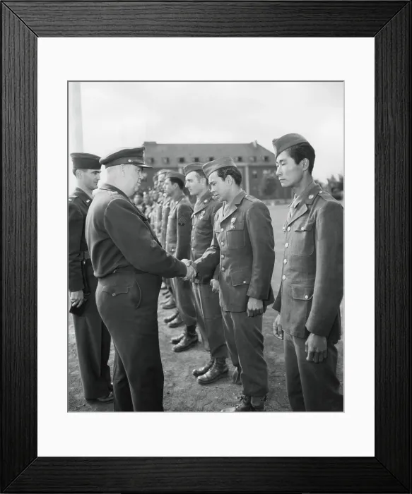 Framed Print : Pfc. William Wada, a Japanese American soldier is awarded the Bronze Star Medal for heroism. He stands beside another Japanese American to be honored by Gen. Ralph M. Immel