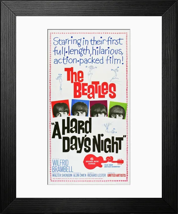 Framed Print : A HARD DAY'S NIGHT, The Beatles l-r: Paul McCartney, John Lennon, George Harrison, Ringo Starr on poster art, 1964 Framed Print : A HARD DAY'S NIGHT, The Beatles l-r: Paul McCartney, John Lennon, George Harrison, Ringo Starr on poster art, 1964