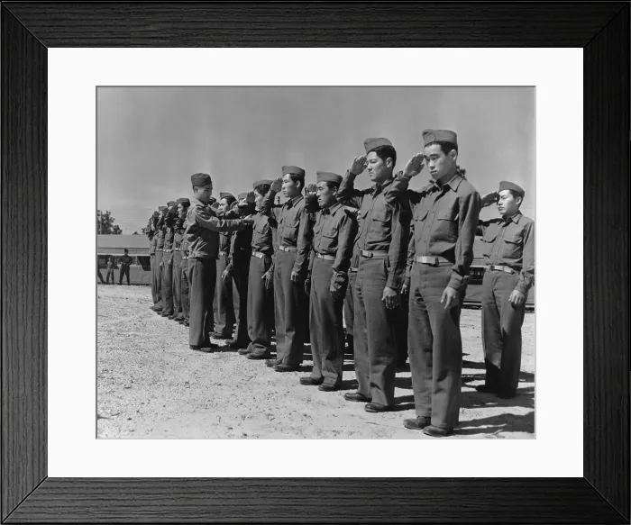 Framed Print : Japanese-American soldiers from Hawaii in basic training at Camp Shelby, Mississippi. They are learning how to salute, World War 2. June 1943. (BSLOC_2014_10_49)