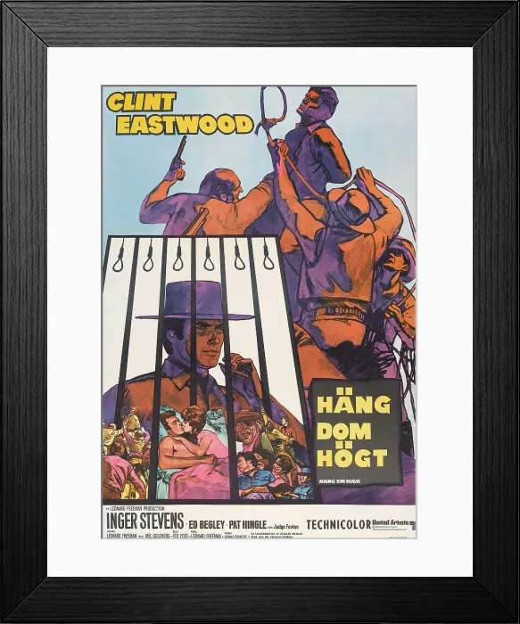 Framed Print : HANG EM HIGH, (aka HANG DOM HOGT), lower left: Clint Eastwood on Swedish poster art, 1968 Framed Print : HANG EM HIGH, (aka HANG DOM HOGT), lower left: Clint Eastwood on Swedish poster art, 1968