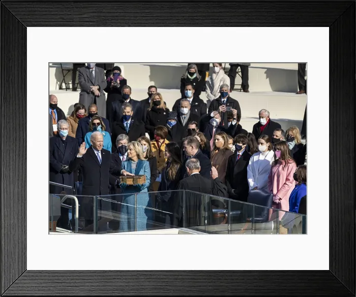 Framed Print : President Joseph R. Biden Jr. takes the presidential oath administered by Chief Justice John Roberts, Jan. 20, 2021. Close by is the extended Biden family including grandchildren Framed Print : President Joseph R. Biden Jr. takes the presidential oath administered by Chief Justice John Roberts, Jan. 20, 2021. Close by is the extended Biden family including grandchildren