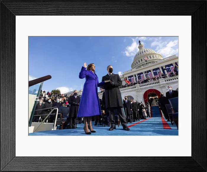 Framed Print : Vice President Kamala Harris takes the oath of office as Vice President of the United States, Jan. 20, 2021. Holding the Bible is her husband, Mr. Doug Emhoff (BSLOC_2021_4_7)