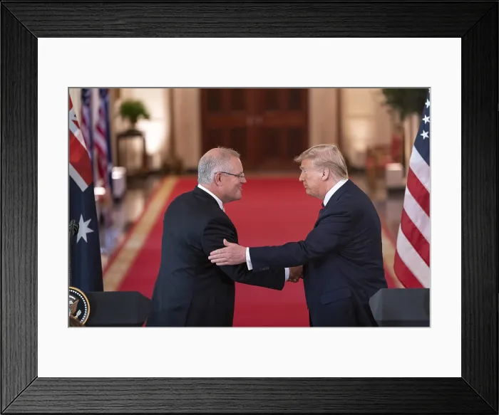 Framed Print : President Donald Trump and Australian Prime Minister Scott Morrison hold a joint press at the White House, Sept. 20, 2019