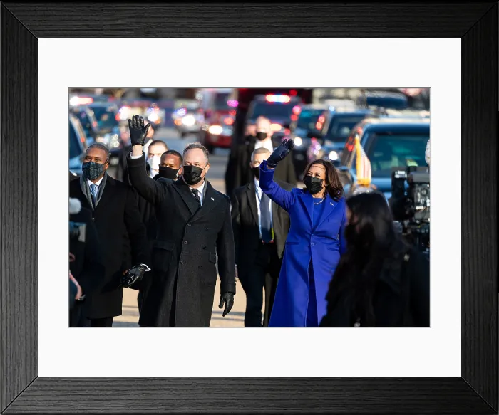 Framed Print : Vice President Kamala Harris and her husband, Mr. Doug Emhoff, wave to bystanders during the inaugural parade, Jan. 20, 2021 (BSLOC_2021_4_9) Framed Print : Vice President Kamala Harris and her husband, Mr. Doug Emhoff, wave to bystanders during the inaugural parade, Jan. 20, 2021 (BSLOC_2021_4_9)