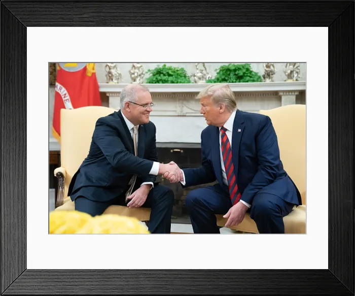 Framed Print : President Donald Trump and Australian Prime Minister Scott Morrison shake hands at the beginning of a White House meeting, Sept. 20, 2019 Framed Print : President Donald Trump and Australian Prime Minister Scott Morrison shake hands at the beginning of a White House meeting, Sept. 20, 2019