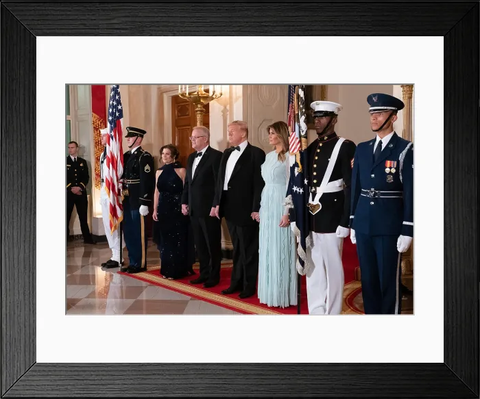 Framed Print : President Donald Trump and First Lady Melania Trump, with Australian Prime Minister Scott Morrison and his wife Jenny, stand in the Grand Foyer of the White House Framed Print : President Donald Trump and First Lady Melania Trump, with Australian Prime Minister Scott Morrison and his wife Jenny, stand in the Grand Foyer of the White House