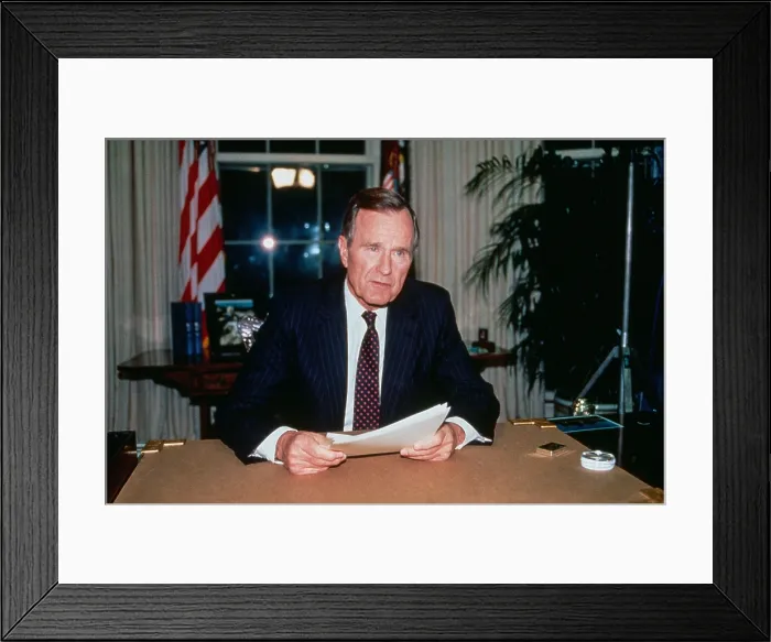 Framed Print : President George H.W. Bush speaks from the Oval Office during the Los Angeles Riot of April 29-May 4, 1992 Framed Print : President George H.W. Bush speaks from the Oval Office during the Los Angeles Riot of April 29-May 4, 1992