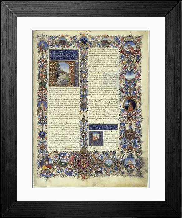 Framed Print : Illuminated page from the Bible of Federico di Montefeltro, from Unknown Artis close to Attavante Attavanti, 1476 - 1478, 15th Century, manuscript on parchment - Vatican Framed Print : Illuminated page from the Bible of Federico di Montefeltro, from Unknown Artis close to Attavante Attavanti, 1476 - 1478, 15th Century, manuscript on parchment - Vatican