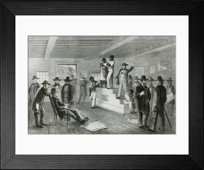 Framed Print : African American family for sale at a slave auction in Virginia, 1861. Wood engraving made after an eye-witness drawing