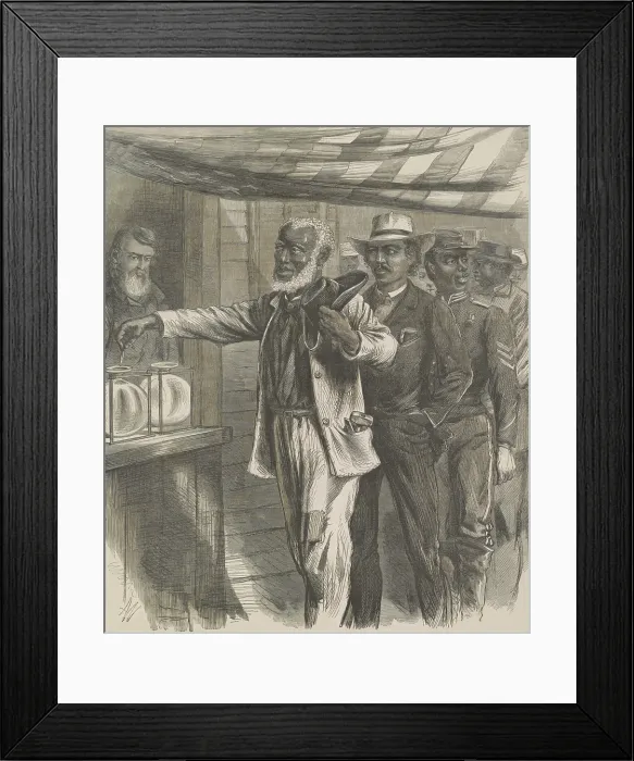 Framed Print : THE FIRST VOTE, by A.R. Waud, 1867, wood engraving published in Harpers Weekly. An elderly African American is at the head of a line of voters waiting to cast their ballots