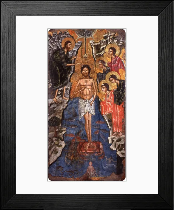 Framed Print : Christ Baptism, by Onufri Qiprioti, begin of the 17th Century, tempera on wood - Albania, Tirana, Institute for Cultural Monuments. Whole artowork view