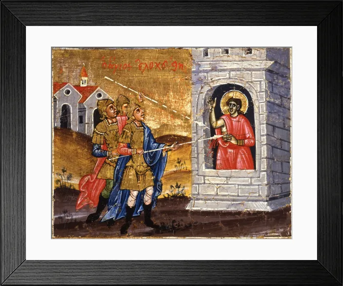 Framed Print : Saint Demetrio, by Joani etiri, 17th Century, tempera on wood - Albania, Tirana, Institute for Cultural Monuments. Detail. Side episode depicting the martyrodome of the saint Framed Print : Saint Demetrio, by Joani etiri, 17th Century, tempera on wood - Albania, Tirana, Institute for Cultural Monuments. Detail. Side episode depicting the martyrodome of the saint