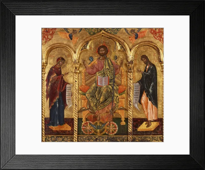 Framed Print : Deesis, by Onufri Qiprioti, 1596, 16th Century, tempera on wood - Albania, Tirana, Institute for Cultural Monuments. Whole artwork view. Triptic with Deesis scene, Mary and St