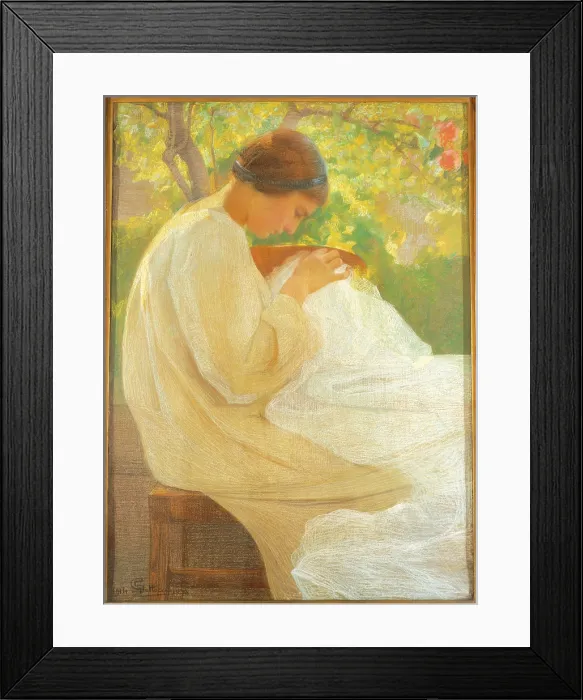 Framed Print : Light and Work, by Giovanni Sottocornola, 1914, 20th Century, oil on canvas, 112 x 80 cm - Italy, Lombardy, Milan, Brera Collection. Whole artwork view. Woman sewing en plain air