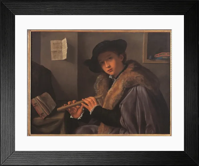 Framed Print : Portrait of musician with flute or The flute player, by Giovanni Girolamo or Gerolamo Savoldo, 1540, 16th Century, oil on canvas - Italy, Lombardy, Brescia