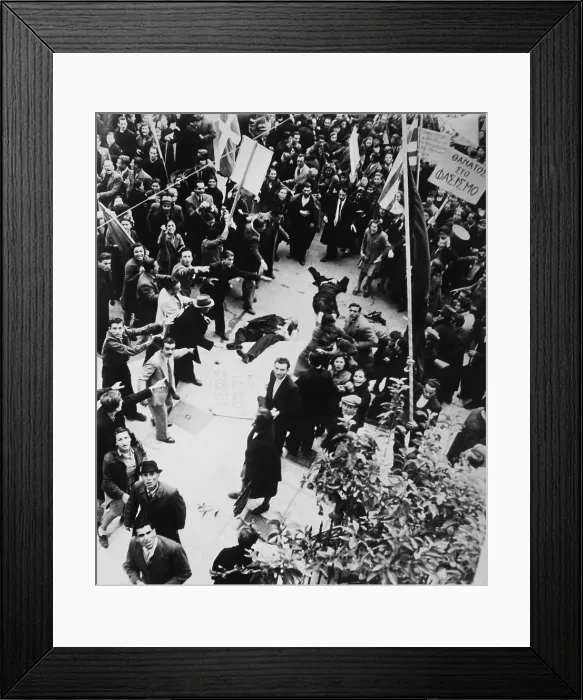 Framed Print : Crowd shouting and pointing towards a dead man and a woman lying in an Athens street Framed Print : Crowd shouting and pointing towards a dead man and a woman lying in an Athens street