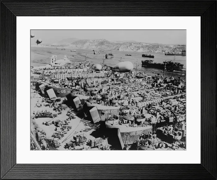 Framed Print : Allied invasion ships in a southern Italian port being loaded with vehicles and supplies Framed Print : Allied invasion ships in a southern Italian port being loaded with vehicles and supplies