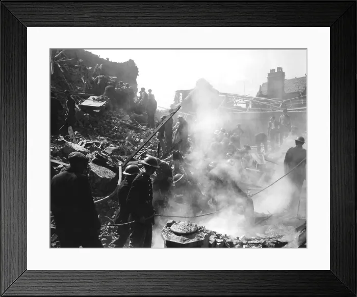Framed Print : British firemen and civilians at wreckage caused by German unmanned rockets, the V-1 and V-2. Ca. 1944-45. World War 2. (BSLOC_2014_10_65)