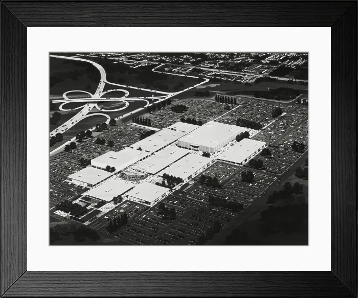 Framed Print : Architect's drawing of the aerial view of a shopping center in Roosevelt Field. May 2, 1955. It was developed by William Zeckendorf and designed by I. M Framed Print : Architect's drawing of the aerial view of a shopping center in Roosevelt Field. May 2, 1955. It was developed by William Zeckendorf and designed by I. M