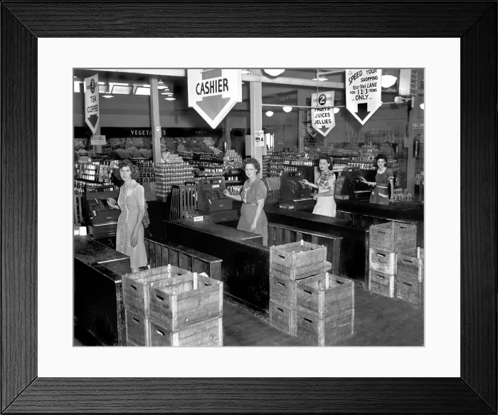 Framed Print : Four cash registers at a new supermarket, Tulip Town Market, 1945 in Oak Ridge, Tennessee. - (BSLOC_2015_1_163)