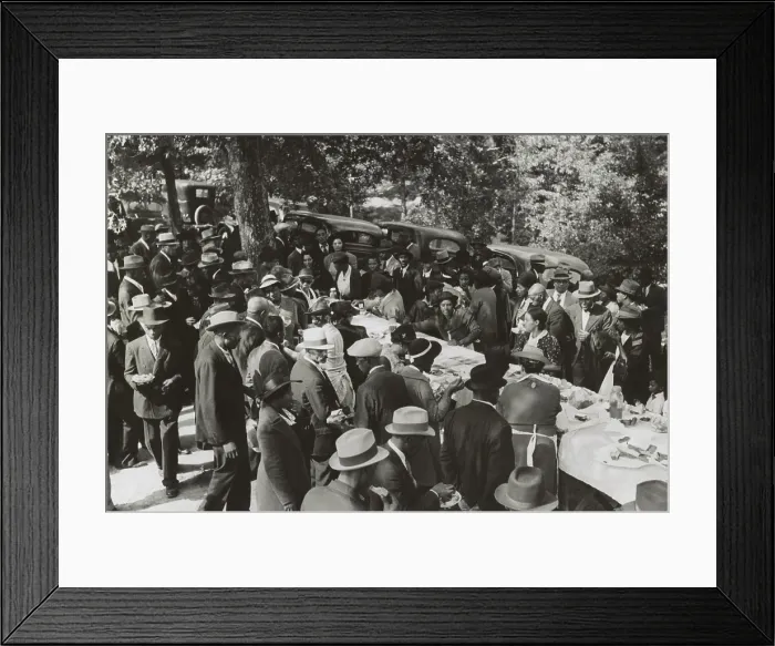 Framed Print : African American men and women gathered around a picnic table. Near Yanceyville, NC. Oct. 1940