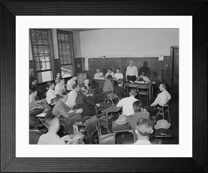 Framed Print : Local United Mine Workers Union meeting on Sunday morning in a schoolhouse. Sept 22, 1946. The men worked at the Inland Steel Company's mines in Wheelwright, Kentucky