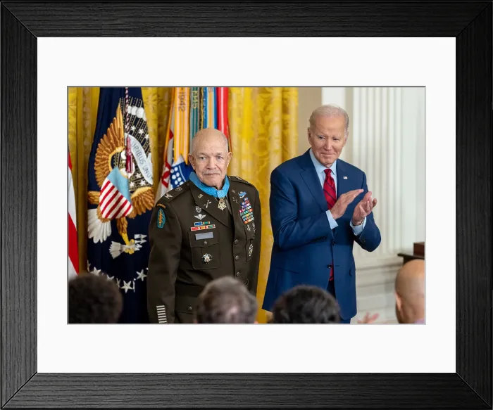 Framed Print : President Joe Biden presents the Medal of Honor to Retired US Army Colonel Paris Davis, March 3, 2023, honoring him for his Vietnam War heroism with the 5th Special Forces Group