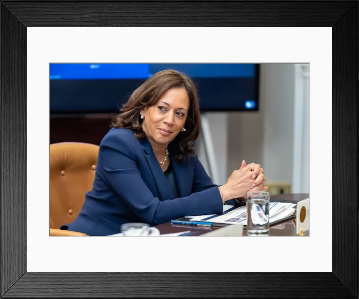 Framed Print : Vice President Kamala Harris attends a meeting with President Joe Biden and the Investing in America Cabinet, May 5, 2023