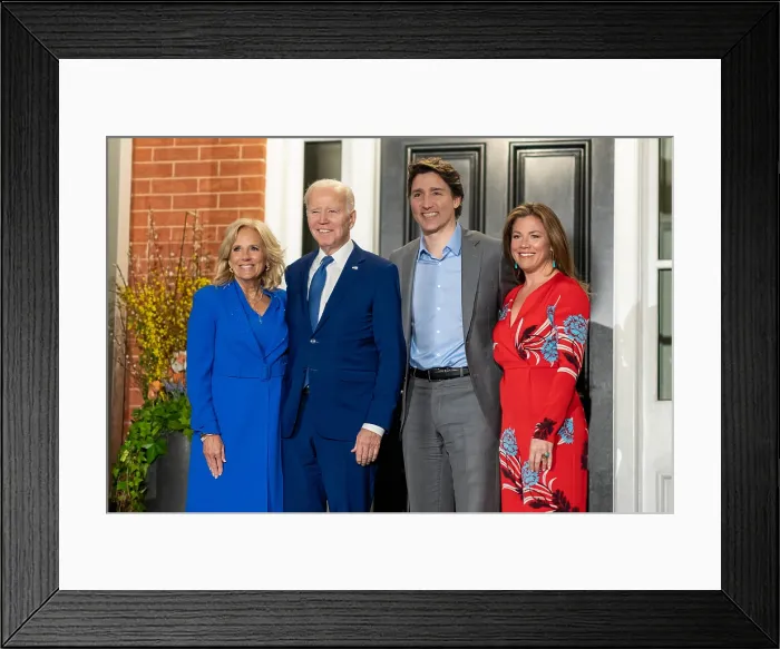 Framed Print : President Joe Biden and First Lady Jill Biden are greeted by Canadian Prime Minister Justin Trudeau and his wife Mrs
