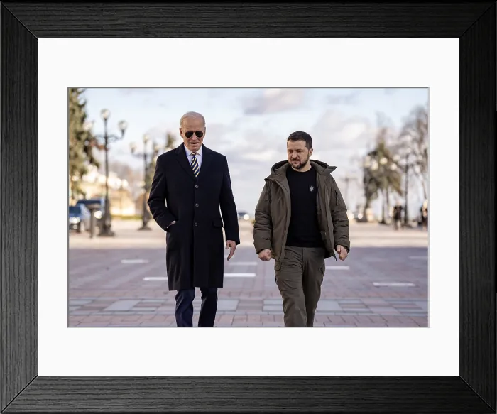 Framed Print : President Joe Biden and Ukrainian President Volodymyr Zelenskyy at the Walk of the Brave, Feb. 20, 2023, in Kyiv, Ukraine