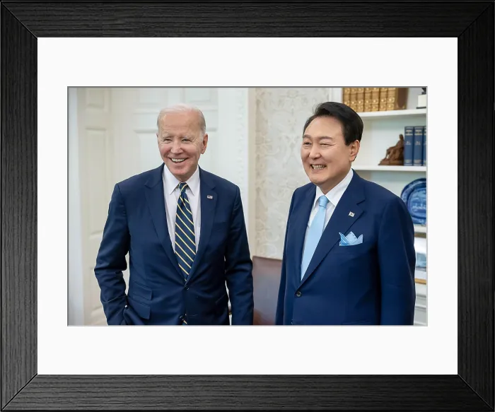 Framed Print : President Joe Biden and South Korean President Yoon Suk Yeol in the Oval Office before their joint press conference in the White House Rose Garden, April 26 Framed Print : President Joe Biden and South Korean President Yoon Suk Yeol in the Oval Office before their joint press conference in the White House Rose Garden, April 26
