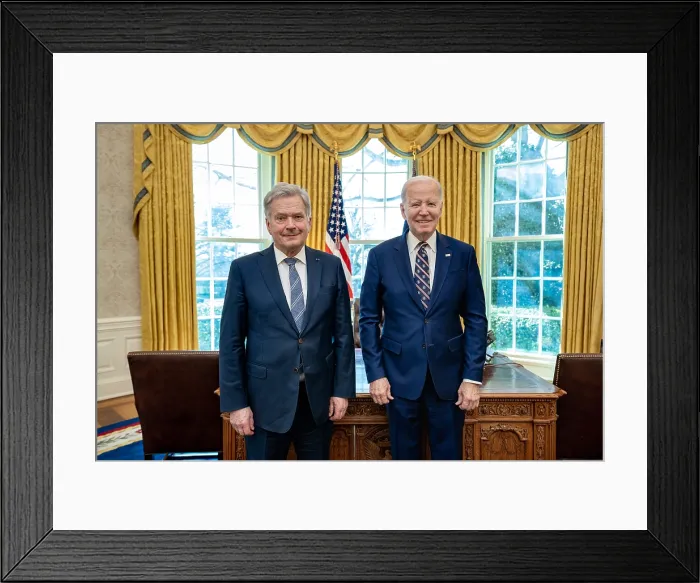 Framed Print : President Joe Biden meets with Finlands President Sauli Niinisto in the White House Oval Office, March 9, 2023