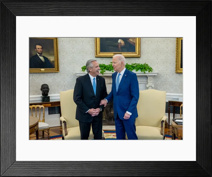 Framed Print : President Joe Biden meets with Argentine President, Alberto Fernndez, at the White House, March 29, 2023. Fernndez, was attending the 2nd Summit for Democracy in Washington DC