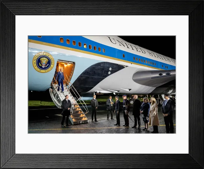 Framed Print : President Joe Biden is greeted by UK Prime Minister Rishi Sunak and other officials at Belfast international Airport, April 11, 2023, in Northern Ireland Framed Print : President Joe Biden is greeted by UK Prime Minister Rishi Sunak and other officials at Belfast international Airport, April 11, 2023, in Northern Ireland
